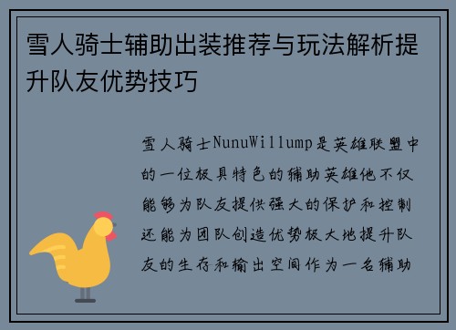 雪人骑士辅助出装推荐与玩法解析提升队友优势技巧