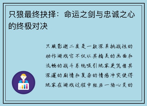 只狼最终抉择：命运之剑与忠诚之心的终极对决
