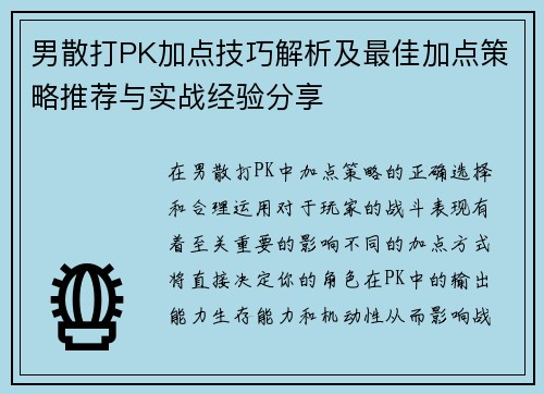 男散打PK加点技巧解析及最佳加点策略推荐与实战经验分享