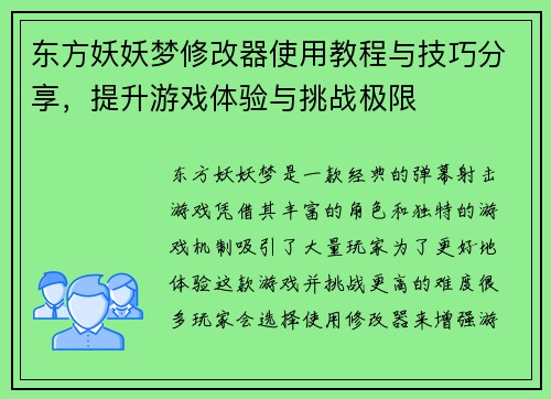 东方妖妖梦修改器使用教程与技巧分享，提升游戏体验与挑战极限