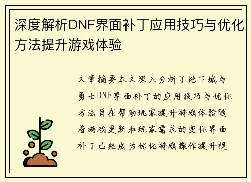 深度解析DNF界面补丁应用技巧与优化方法提升游戏体验